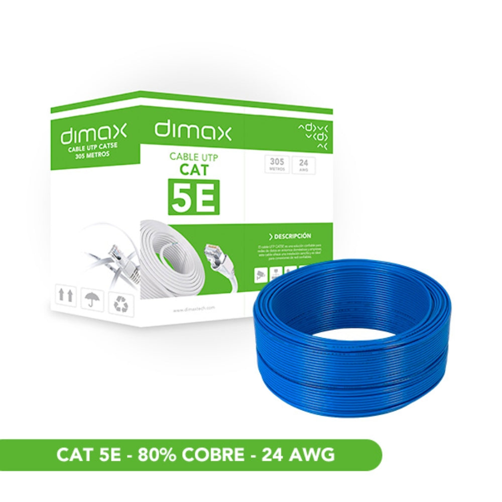 Cable Ethernet UTP Dimax Categoria 5E 24AWG CCAE 80% Cobre Longitud 305 Metros color Azul C758