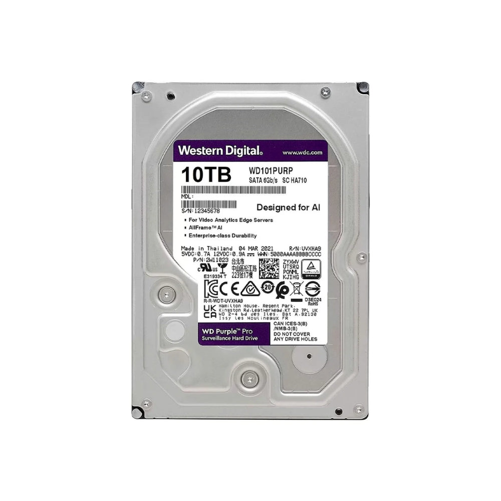 Disco Duro Western Digital Purpura Pro 10TB 7200RPM Sata 6Gbps 3.5" Trabajo 24/7 para Video Vigilancia con IA WD101PURP