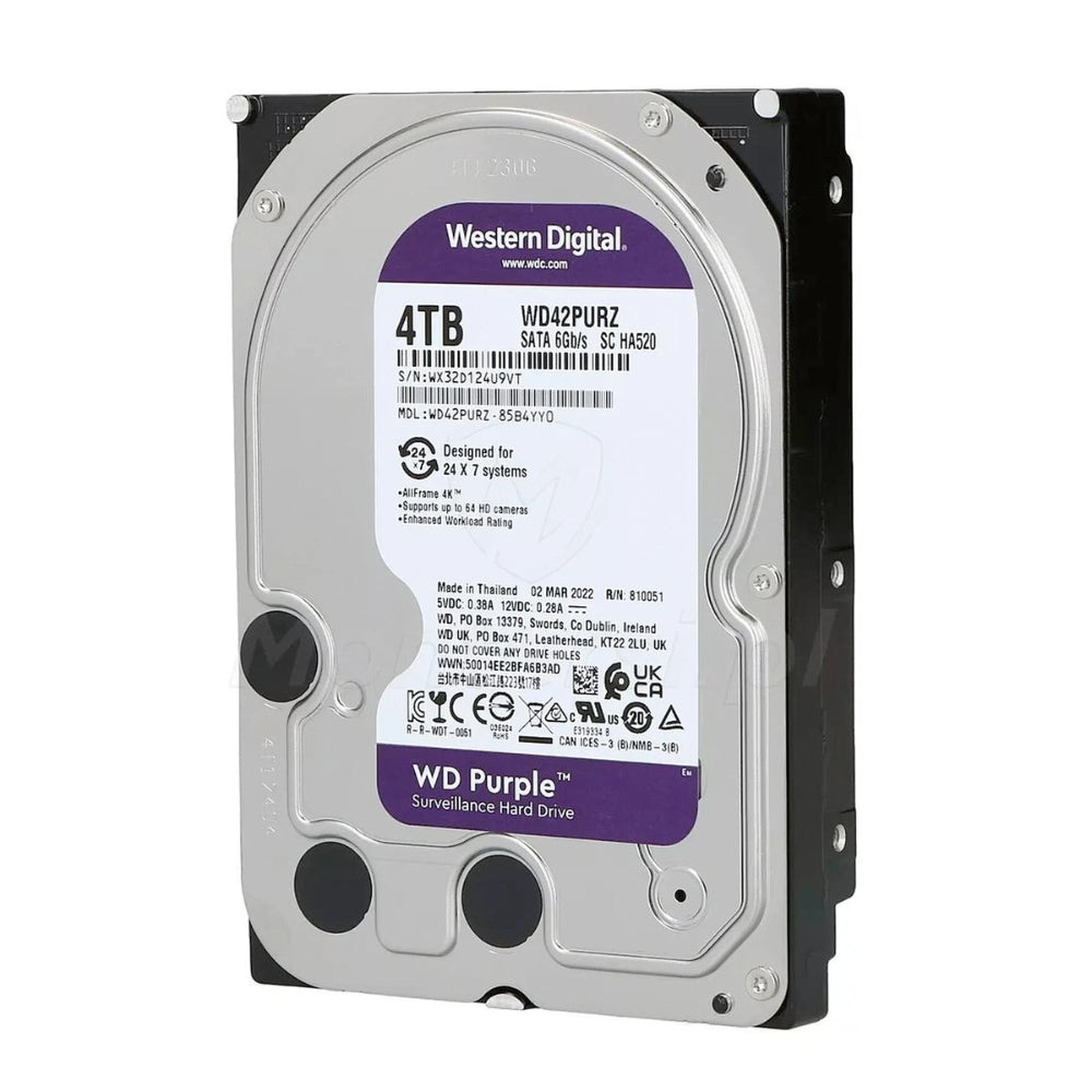 Disco Duro Western Digital Purpura 4TB 5400RPM Sata 6Gbps 3.5" Trabajo 24/7 para Video Vigilancia WD42PURZ