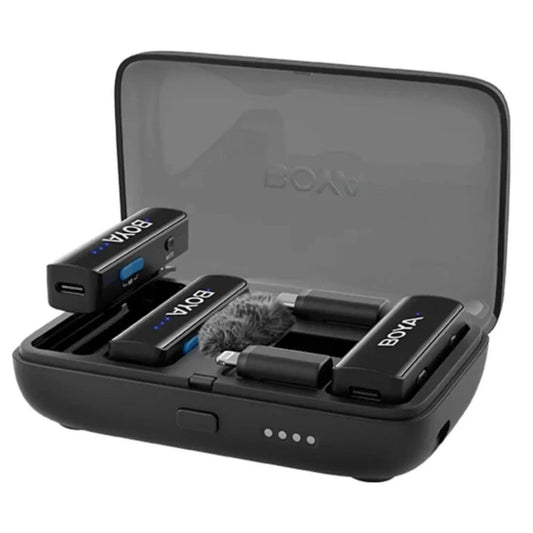Microfono Inalambrico Boya 3en1 Doble Canal 2.4GHz Alcance hasta 300metros Conexion Lightning, USB-C y 3.5mm Cancelacion de Ruido de 2 niveles Bateria hasta 30 horas BOYALINK V2.0