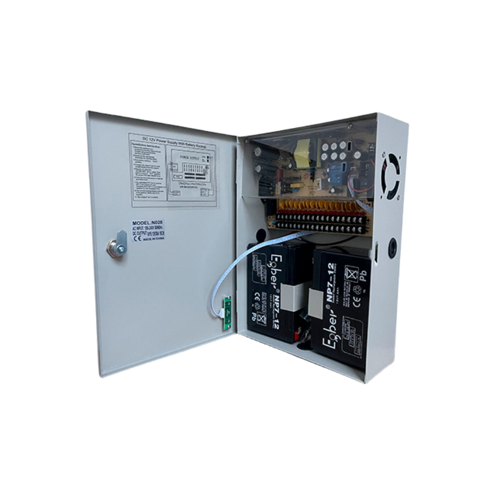 Fuente Supervisada Dimax 12Vdc 20Amp con 18 Salidas para Camaras Caja Metalica Fusible General y por Canal incluye Bateria 12Vdc 7Amp N028