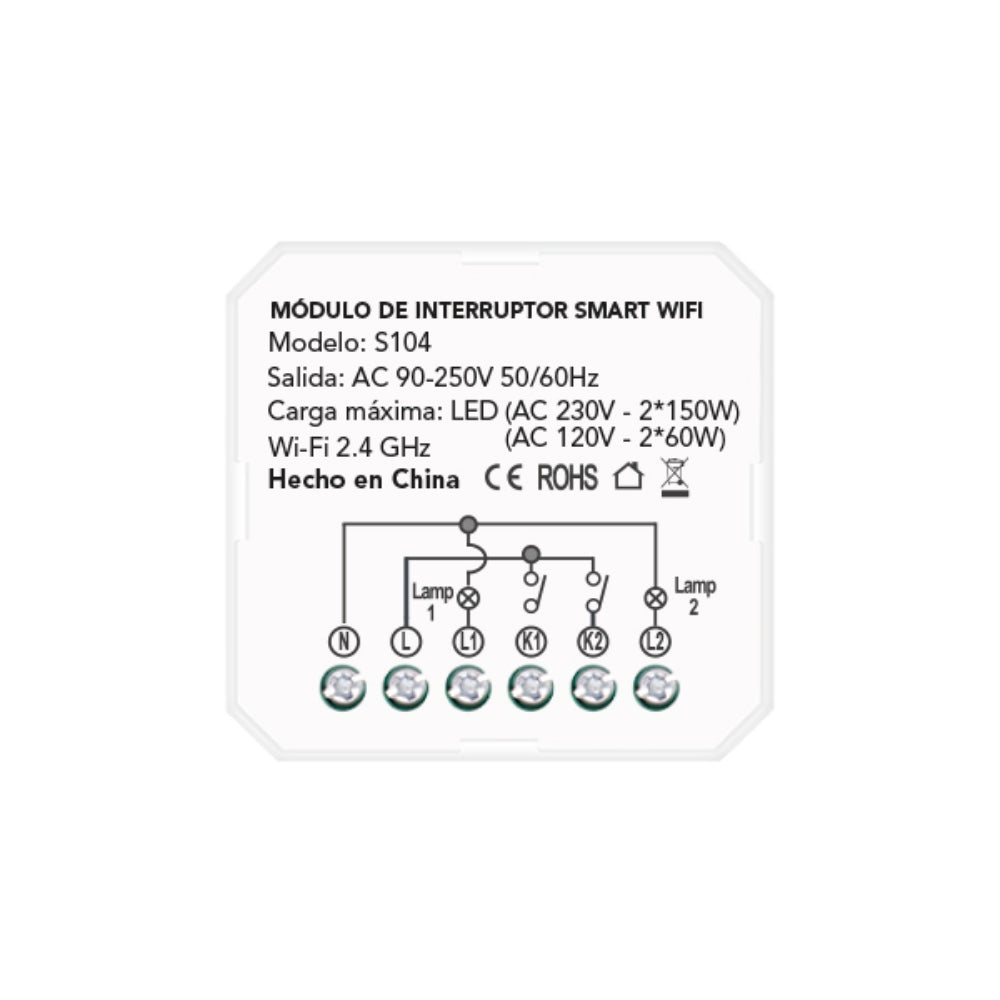 Mini Rele Dimax Smart WiFi 2 Gang Corriente 2x5Amp Voltaje 90-250Vac WiFi Bluetooth Smart Life IP20 S104
