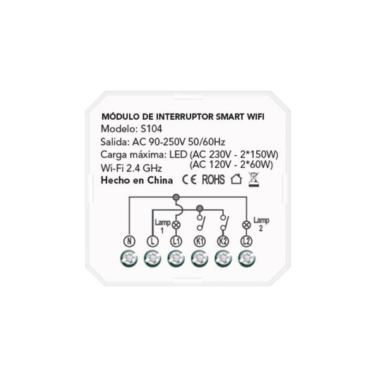 Mini Rele Dimax Smart WiFi 2 Gang Corriente 2x5Amp Voltaje 90-250Vac WiFi Bluetooth Smart Life IP20 S104