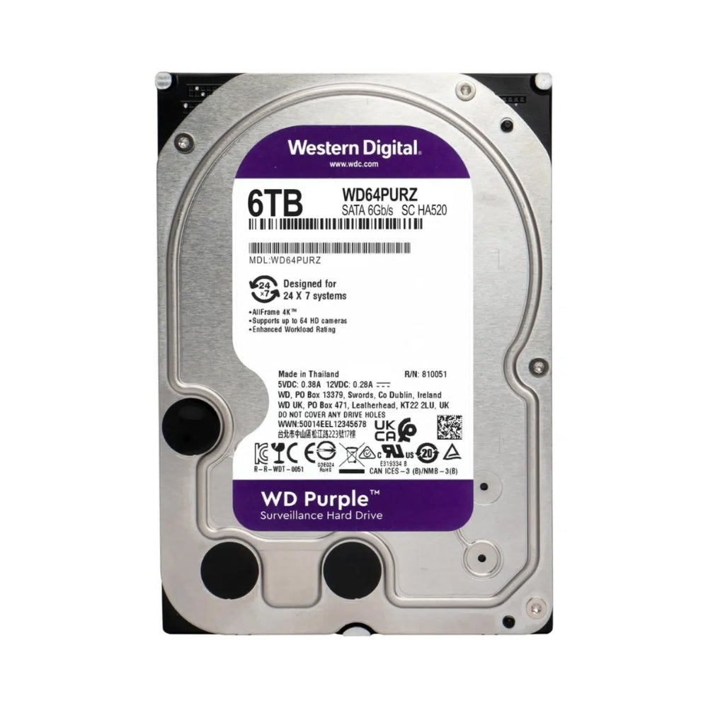 Disco Duro Western Digital Purpura 6TB 5400RPM Sata 6GB/s 3.5" Trabajo 24/7 para Video Vigilancia WD64PURZ