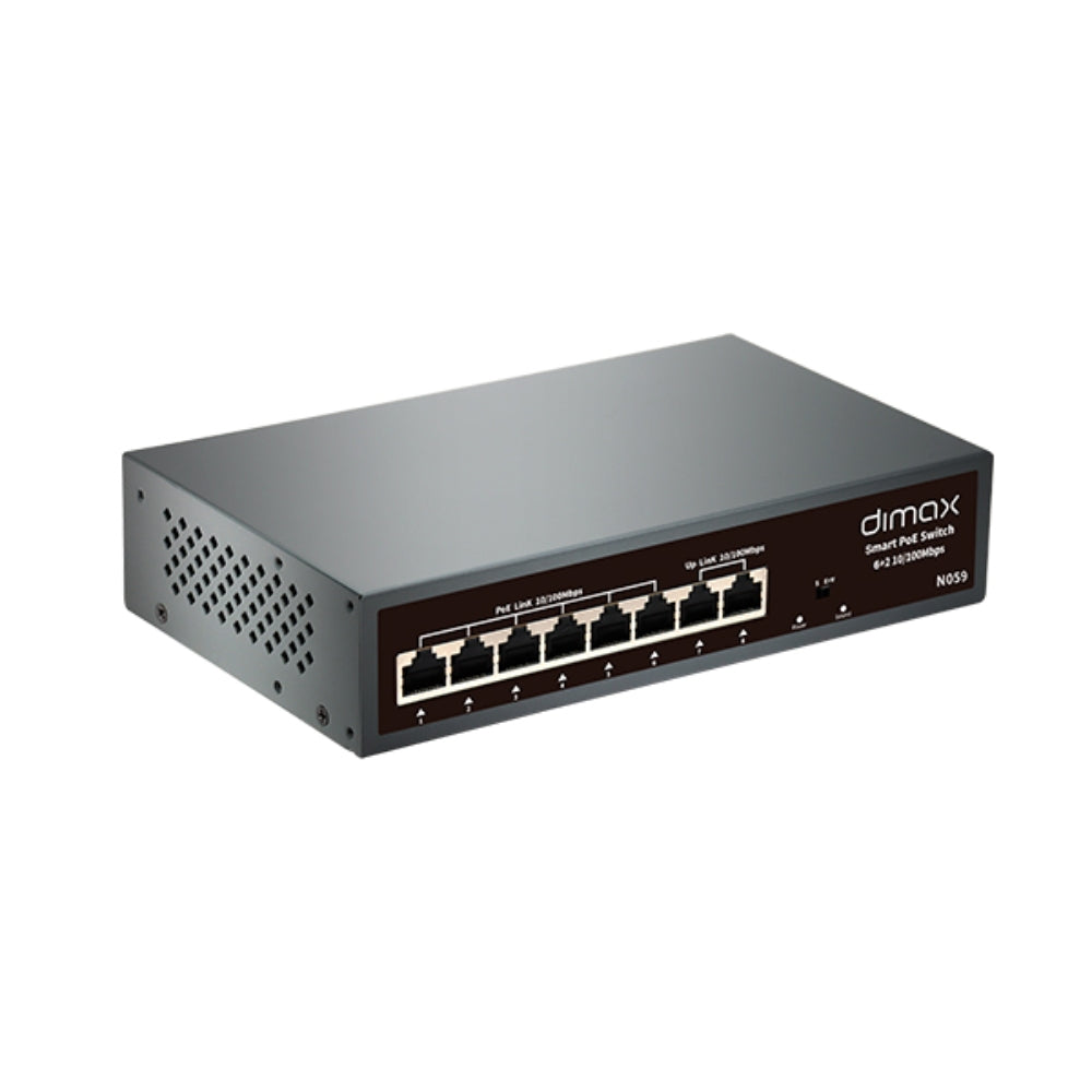 Switch Dimax de 6 Puertos 100Mbps 802.3AF/AT POE hasta 30W por puerto + 2 Enlaces UpLink 100Mbps N059