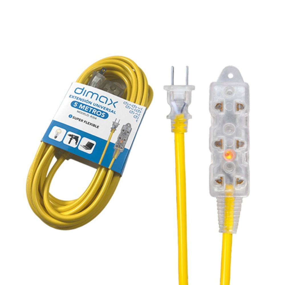 Extension Universal Dimax 5M Flexible con 3 Enchufes Universales Tipo B maximo 10Amp Clavija Plana R304