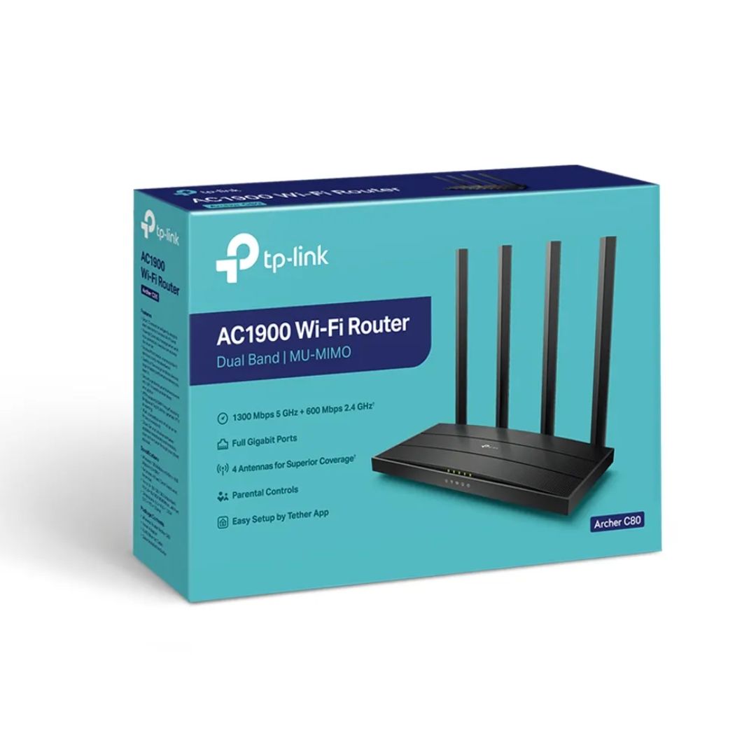 Router TP-Link Inalambrico AC1900 4 Antenas Fijas Doble Banda 2.4 y 5GHz MU MiMo 3x3 1xWAN 4xLAN Soporta IPv4 IPv6 DHCP Smart Connect ARCHER C80