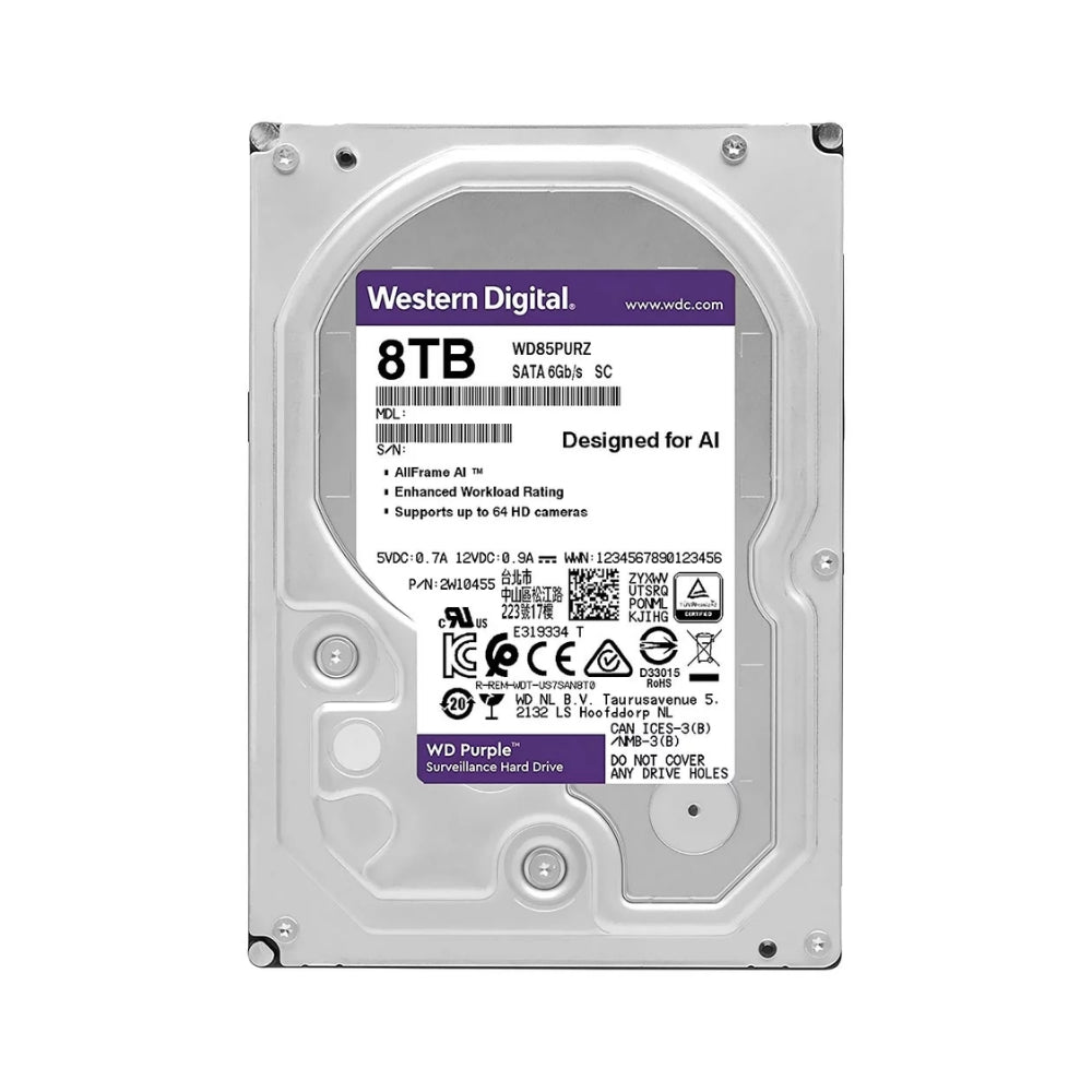 Disco Duro Western Digital Purpura 8TB 5400RPM Sata 6GB/s 3.5" Trabajo 24/7 para Video Vigilancia WD85PURZ