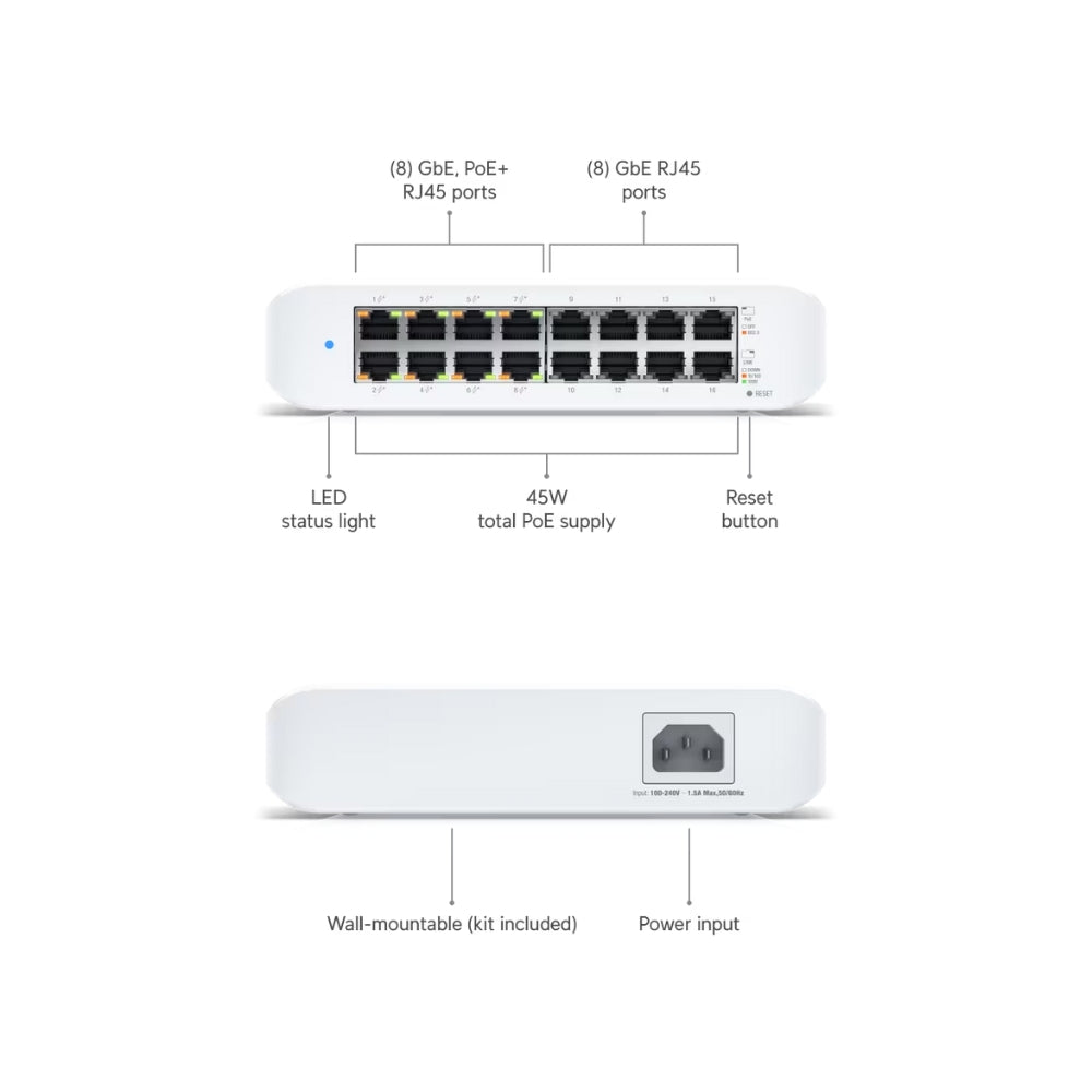 Switch Ubiquiti Unifi Lite 8xPuertos Gigabit AT/Poe Soporta 802.3AT Consumo 30Watts Capa 2 USW-Lite-16-POE