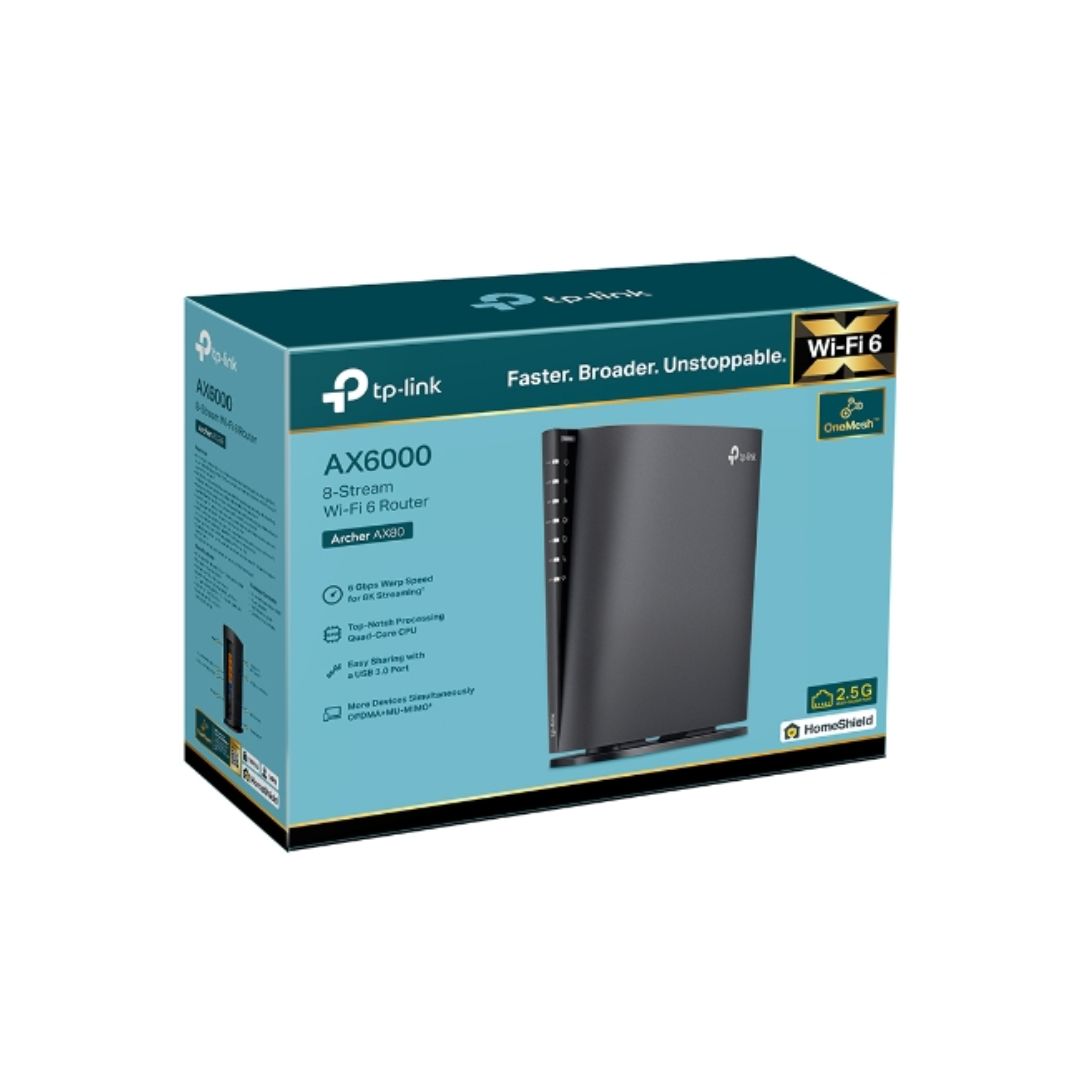 Router TP-Link Inalambrico AX6000 8 Antenas Doble Banda 2.4 y 5GHz 1xWAN 4xLAN 1x2.5Gbps 3x1Giga MU-MIMO ARCHER AX80