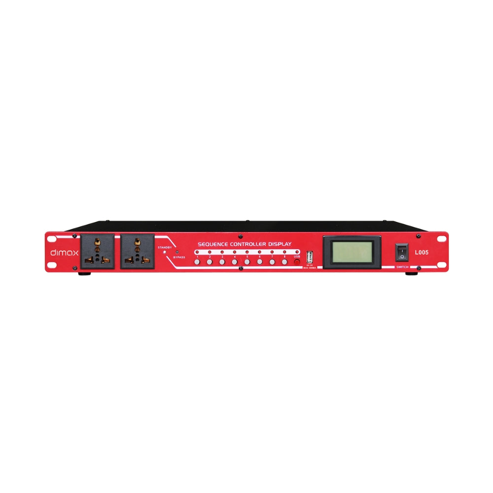 Rack Controlador Dimax de Secuencia con 8 salidas 90-250Vac hasta 20Amp 2xUSB-A 2Amp 5Vdc Montaje en Bastidor L005