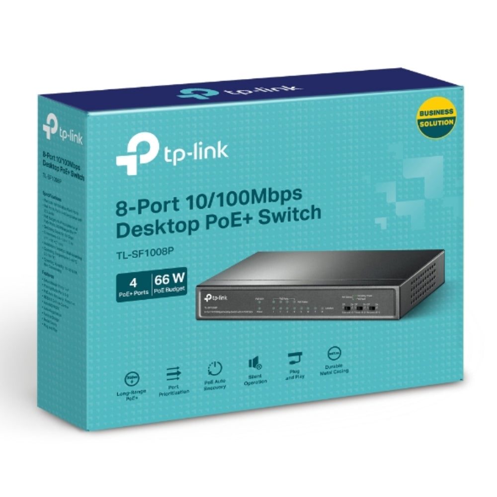 Switch TP-Link 8 Puertos 4 Puertos POE Potencia 57W cada Puertos 15.4Watts TL-SF1008P