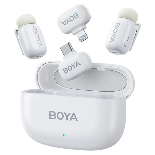 Mini Microfono Inalambrico Boya con 2 Microfonos Omnidireccionales Cancelacion de Ruido AI de 3er grado Calidad de Sonido CD Alcance hasta 100 metros Autonomia hasta 6 horas y hasta 30 horas con estuche de carga Conexion USB-C y Lightning BOYA mini-13
