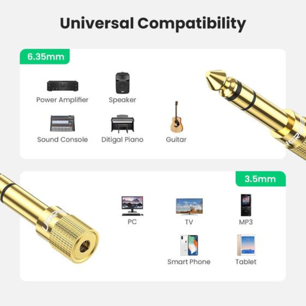 Adaptador de Audio TRS Ugreen 6.5mm Macho a 3.5mm Hembra Aleacion de Cobre Conector chapado en Oro 20503