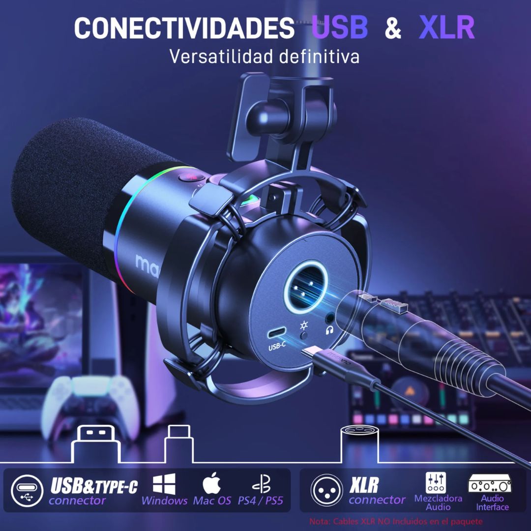 Microfono Dinamico Maono con Brazo Puertos USB-A USB-C XLR Patron Polar Cardioide 24Bits 48KHz PD200XS