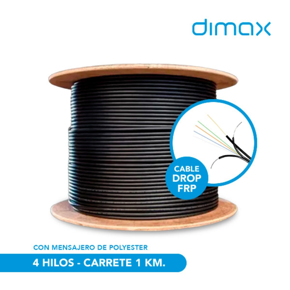 Cable Drop FRP Fibra de Vidrio Dimax 4 hilos con Mensajero de Acero G657A1 LSZH 2.0/5.0mm Carrete de 1KM C742