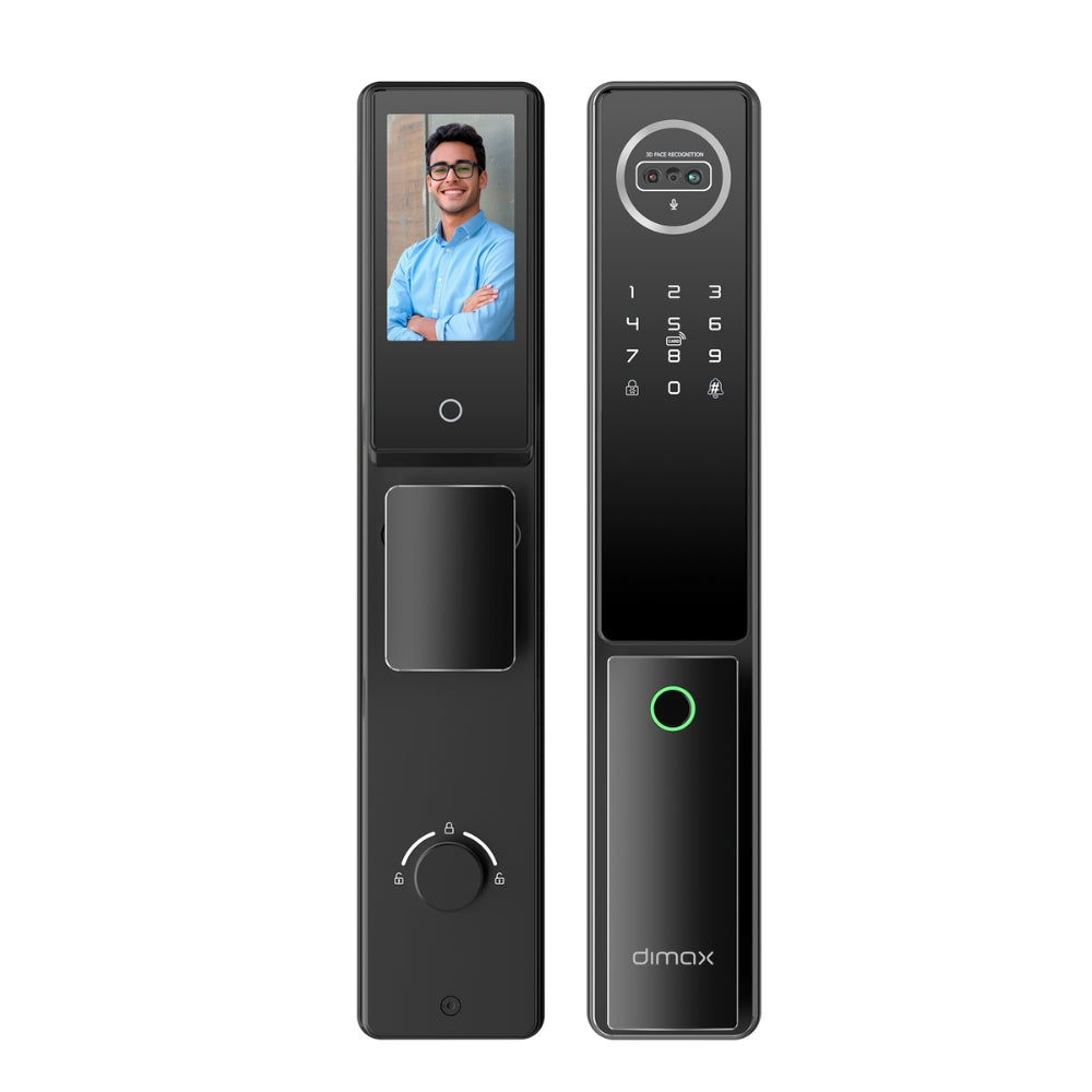 Cerradura Inteligente Dimax Aleacion de ALuminio Funcion Camara Funciona con APP Reconocimiento Facial 3D Huella Tarjeta Llave Contraseña Alimentacion Bateria Litio diseño Moderno Mortaja 6068 color Negro B030