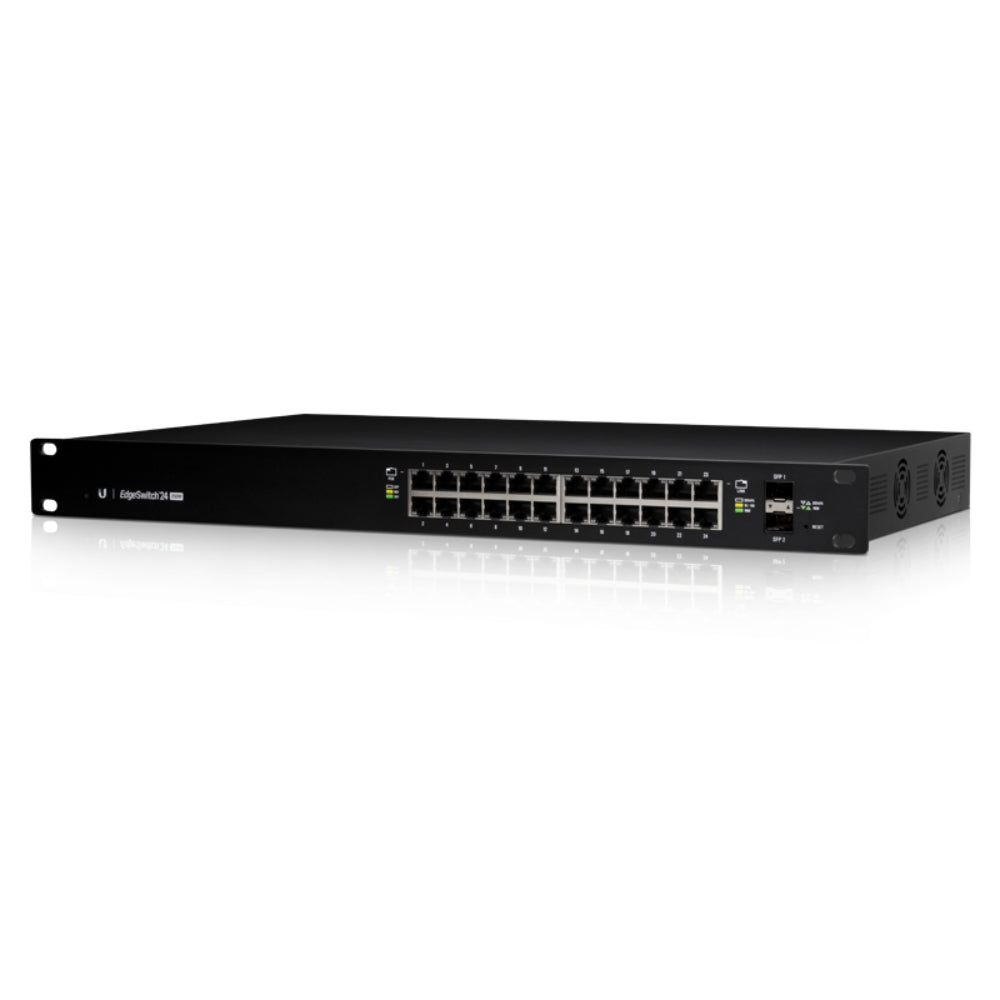 Edgeswitch Ubiquiti 2xSFP 24xEthernet Gigabit 1xConsola Capacidad 56GB Norma 802.3AF/AT Pasivo 24V Rackeable Forwarding 38.69Mpps Administrable UB-ES-24-250W