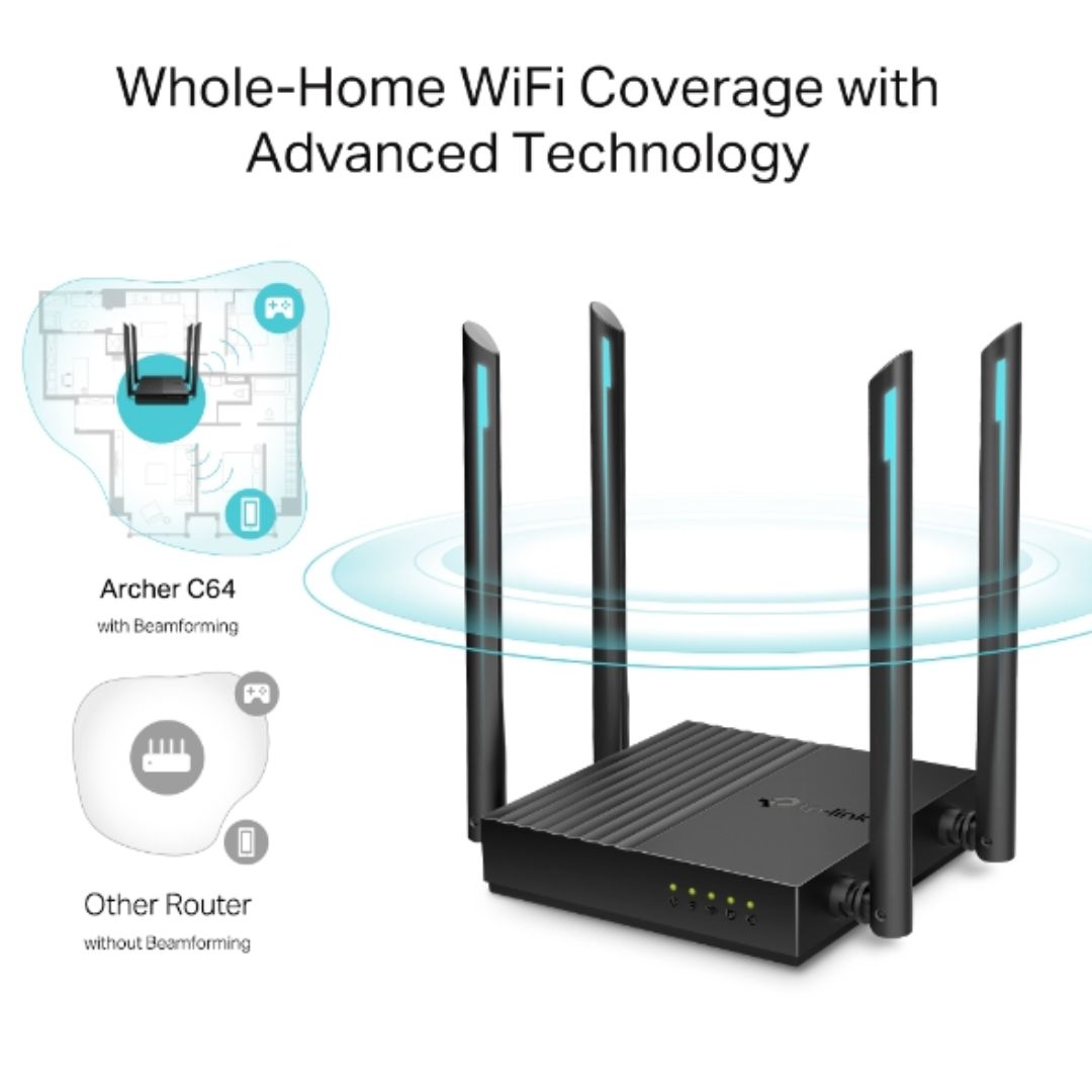 Router TP-Link Inalambrico AC1200 MultiModo 3en1 4 Antenas Doble Banda 2.4 y 5GHz 1xWAN 4xLAN Giga MU-MIMO Archer C64