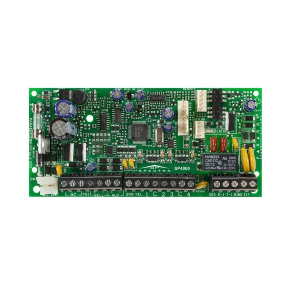 Central de Alarmas Paradox de 4 Zonas Expandible a 32 con 2 Particiones 1 PGM en Placa 32 Codigos de Usuario Compatible con ZX8,RTX3,PCS250-G,,IP150+,VDMP3, TIP-RING Opcional en Placa SP-4000