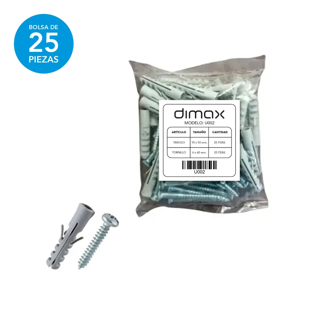 Bolsa de 25 Tarugos 10x50mm y 25 Tornillos 6x60mm Dimax U002