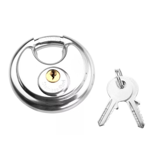 Candado de Disco Tolsen de Acero Inoxidable de 70mm Incluye 3 Llaves Niqueladas 55175